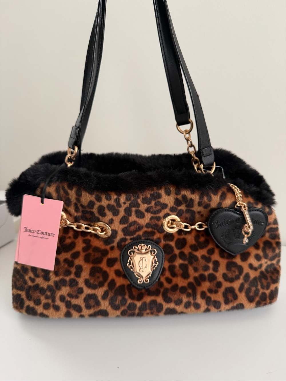 Juicy Couture Leopard Faux Fur Shoulder Bag with Black Trim & Gold Hardware